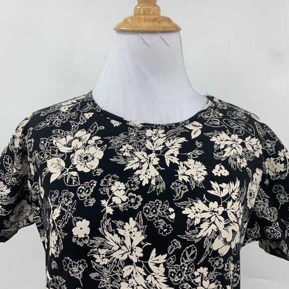 Eddie Bauer Shirt Womens S Small Black Beige Floral Short Sleeve Crew Stretch - Picture 3 of 12